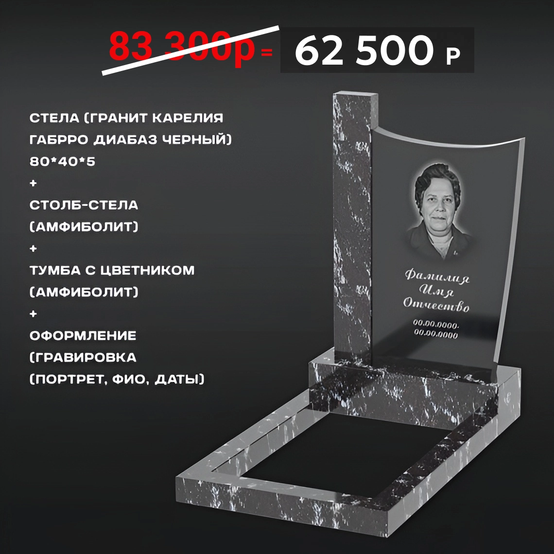 Комплект памятника 80 × 40 × 5 см Амфиболит